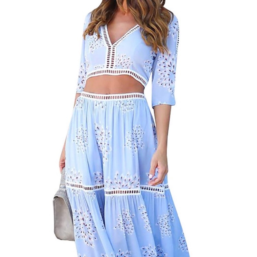V neck crop top with tie and maxi skirt dress